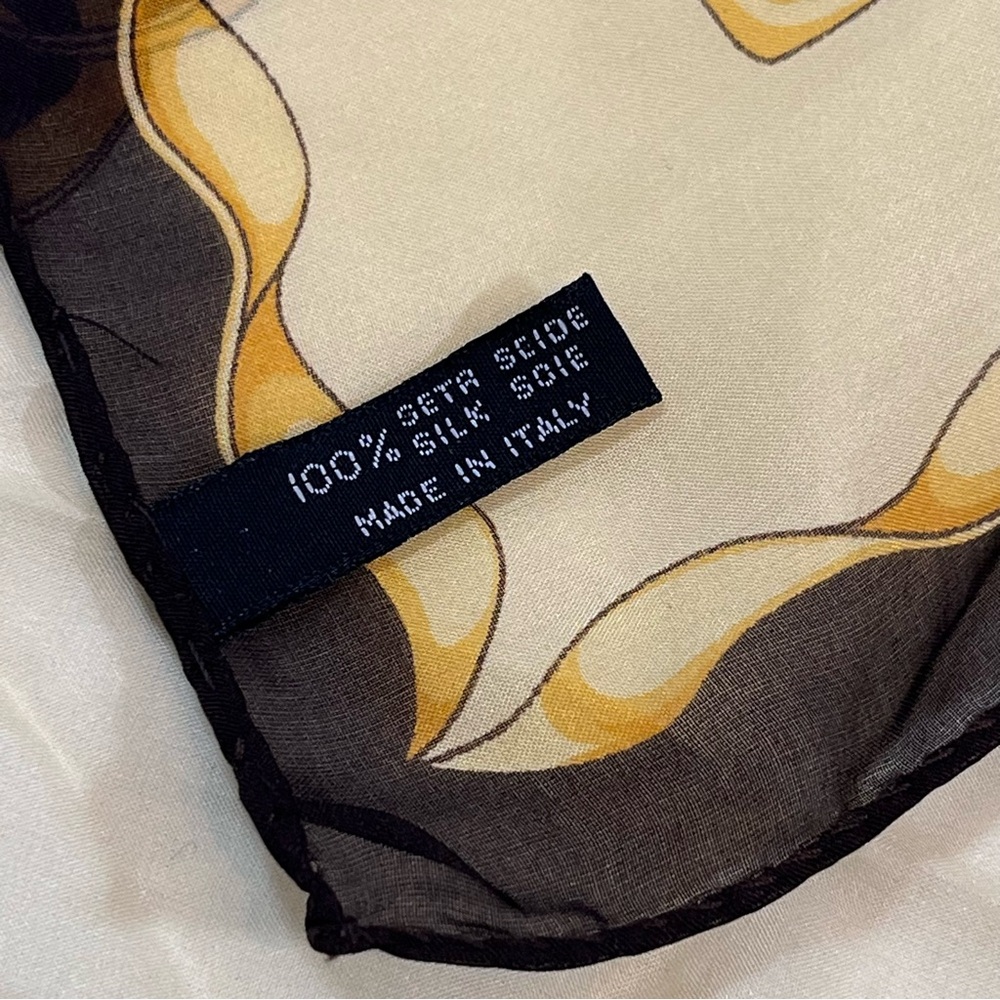 Paloma Picasso Vintage Made In Italy ”Hugs & Kisses” Silk Scarf Yellow & Brown - Picture 5 of 7